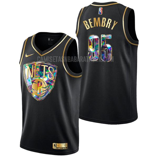 camiseta brooklyn nets de la deandre bembry 95 hombres negro golden edition diamond logo 2022