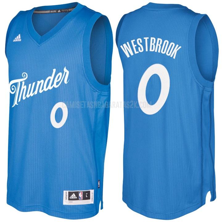 camiseta oklahoma city thunder de la russell westbrook 0 hombres azul día de navidad 2016-17