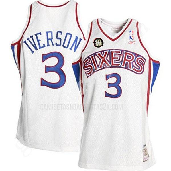 camiseta philadelphia 76ers de la allen iverson 3 hombres blanco parche del décimo aniversario