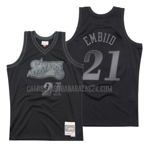 camiseta philadelphia 76ers de la joel embiid 21 hombres negro hardwood classics
