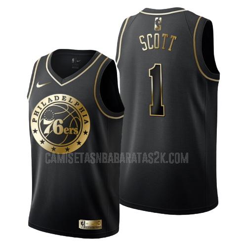 camiseta philadelphia 76ers de la mike scott 1 hombres negro edición dorada