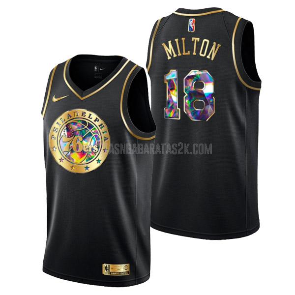 camiseta philadelphia 76ers de la shake milton 18 hombres negro golden edition diamond logo 2022